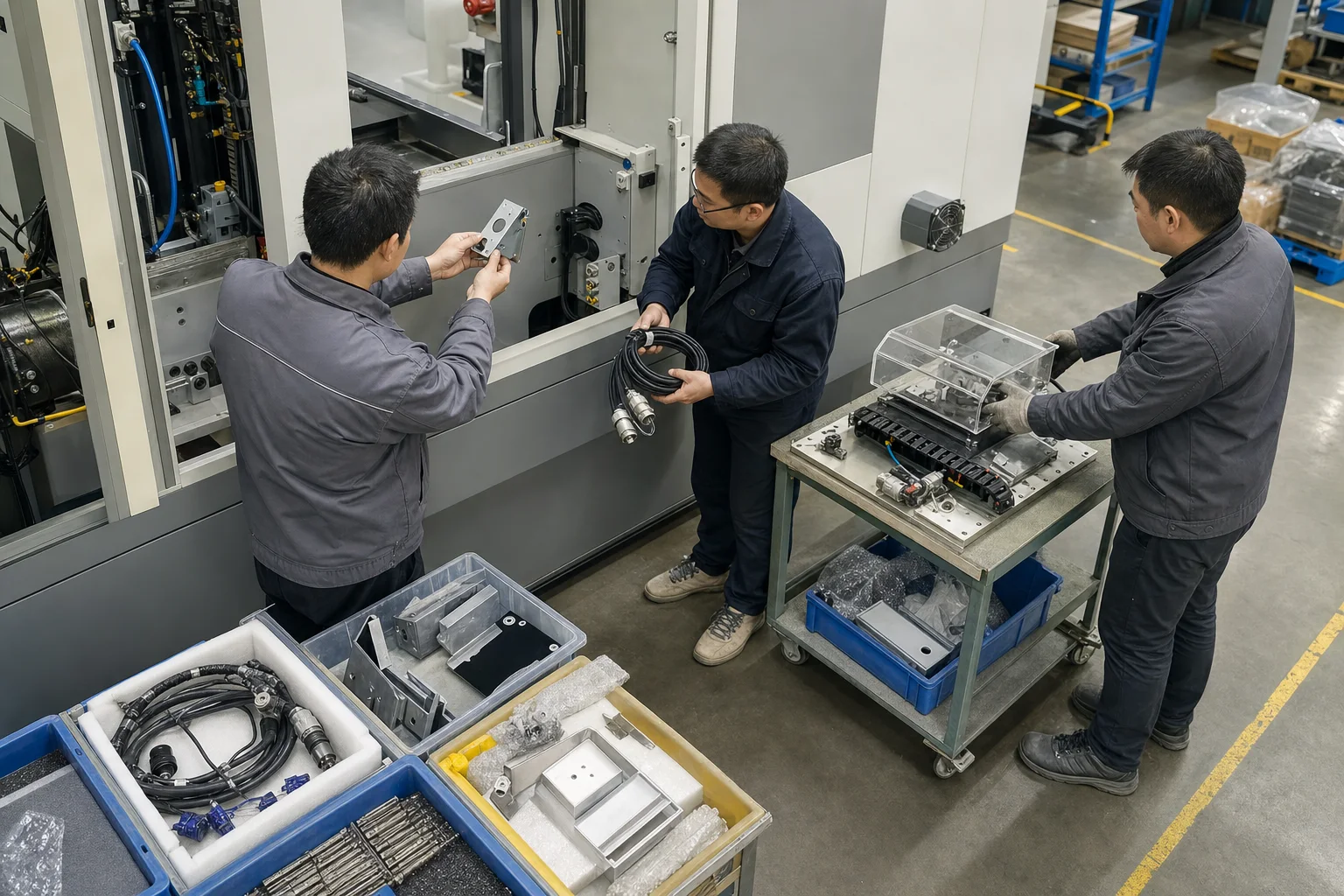 三名工人在备料区核验工业设备基础附件与可选套件接口