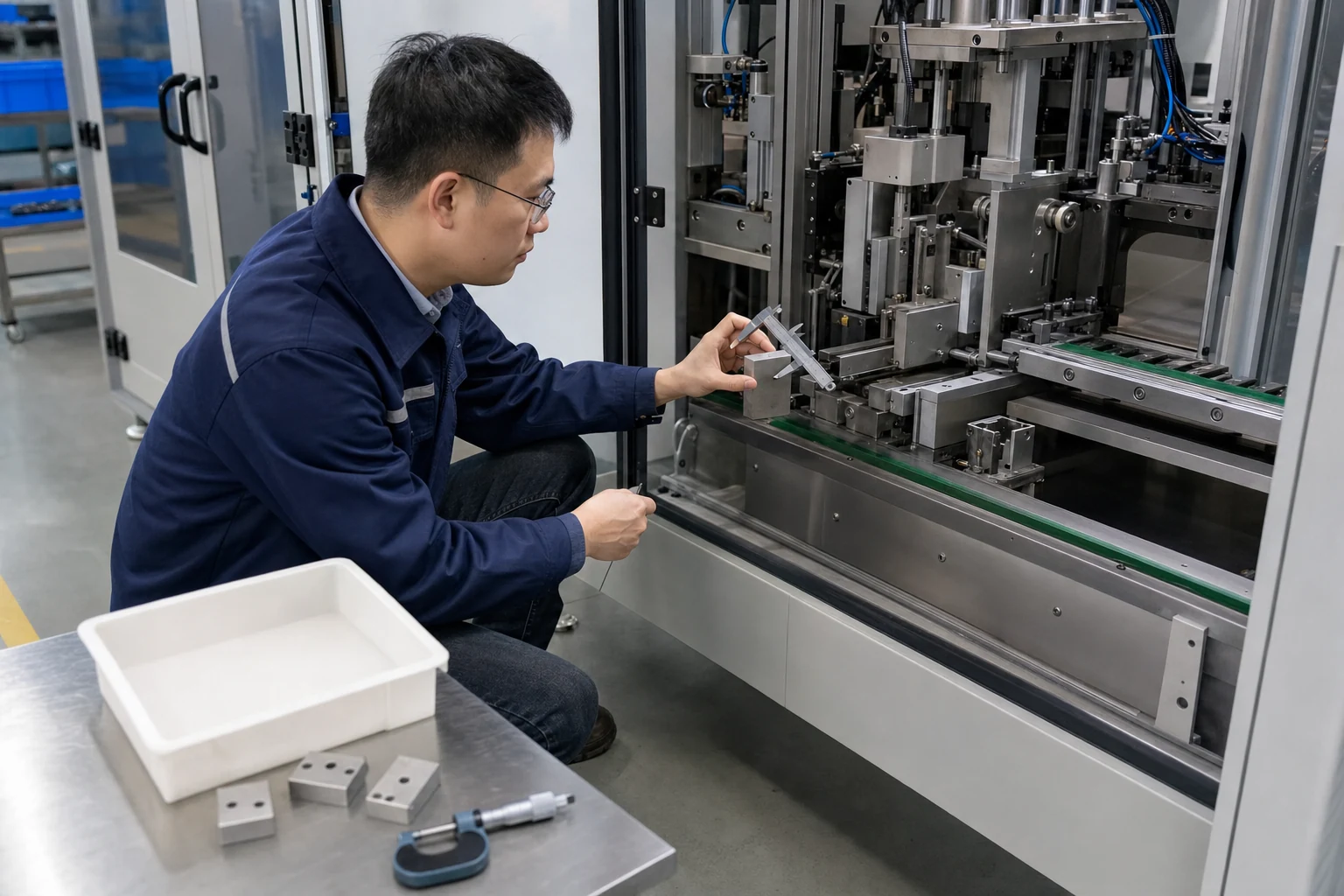 调试人员在设备进料端检查试机物料与送料机构的配合状态