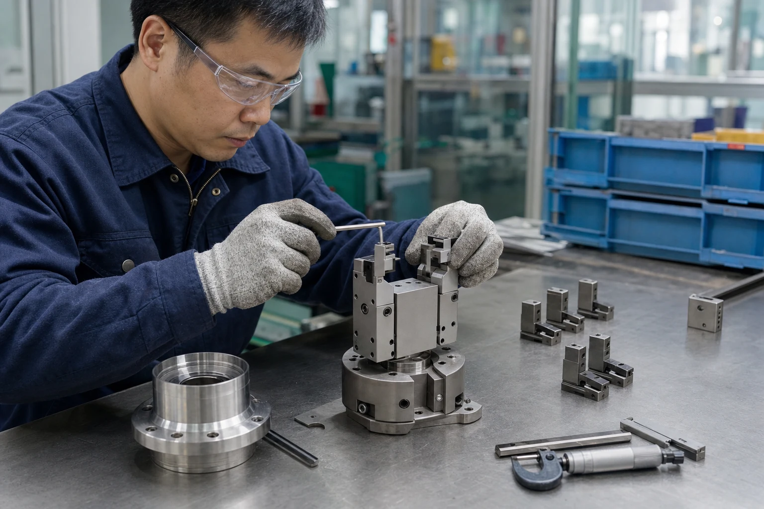 技术人员在工装台调整模块化夹爪指端与金属工件