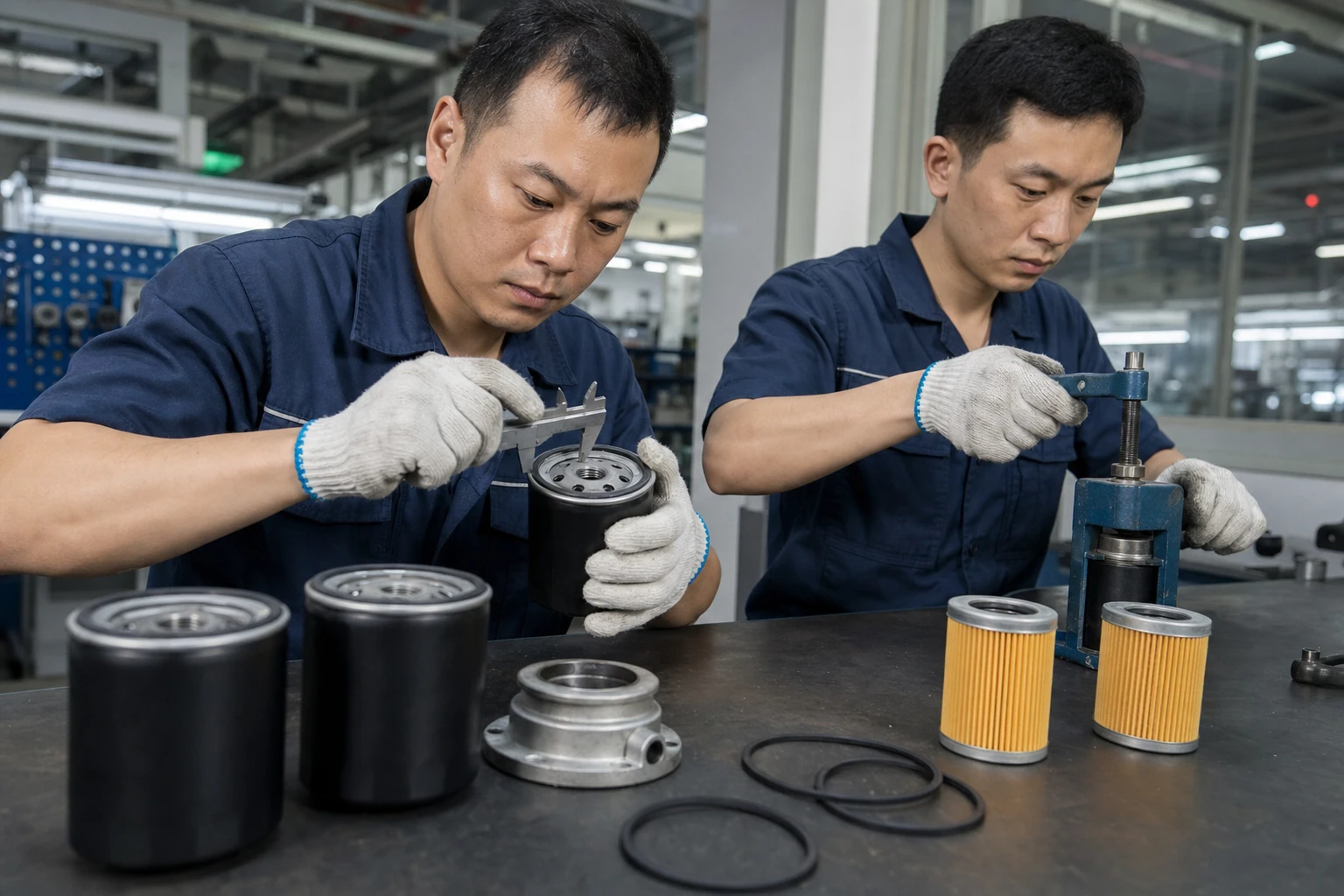 两名工人在检验台核对无品牌机油滤清器和安装座样件