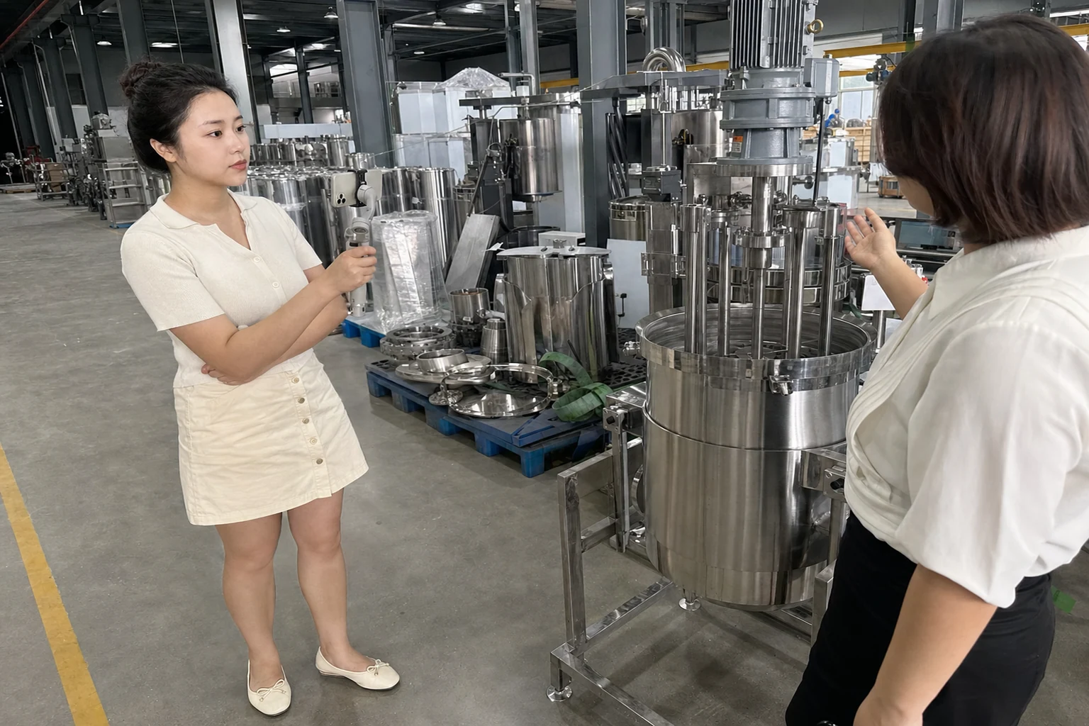 展厅侧向中景中自媒体人员用手机稳定器拍摄无标识精密搅拌设备样机与样品